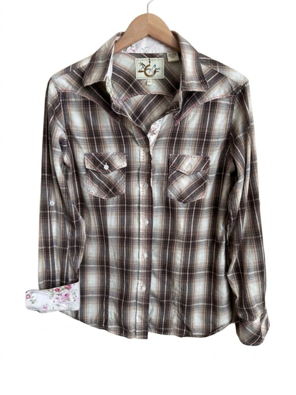 Sherry Cervi Western Plaid Button Down Shirt L Brown Floral Cuffs Cowgirl Rodeo